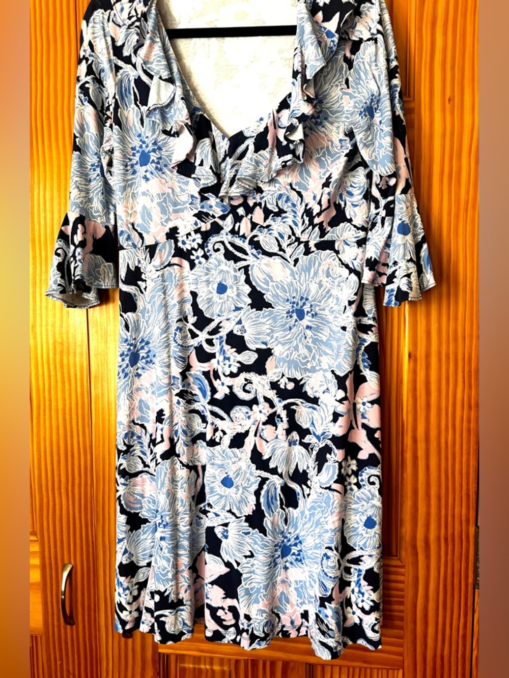 Lilly Pulitzer V Neck Ruffle Dress in Navy, Light Blue & Pink